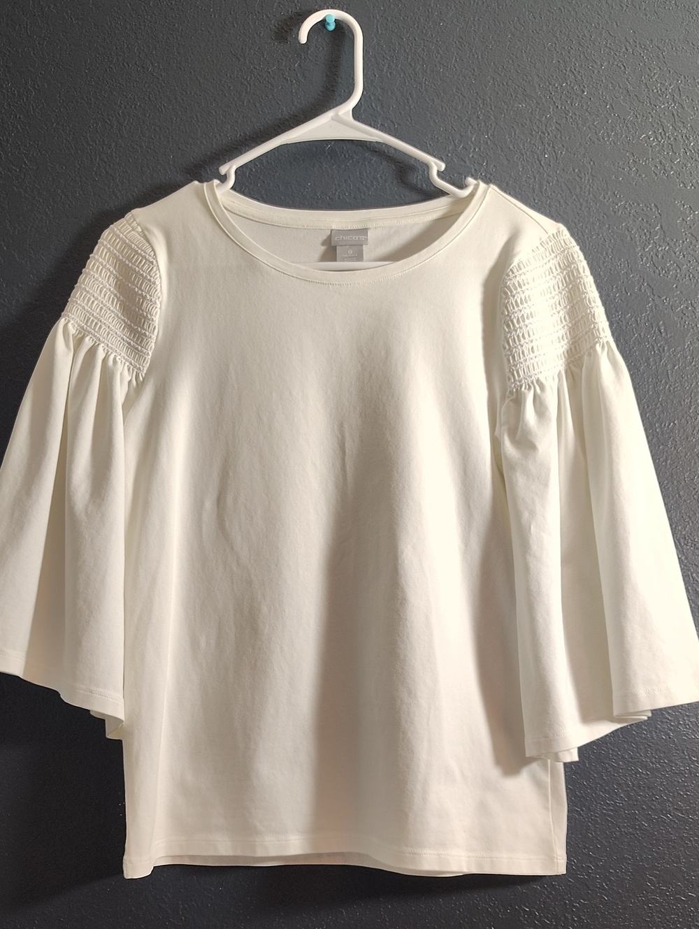 Chico's Elegant Flowy Chic Cream Smocked-Shoulder Bell-Sleeve Top Size Small